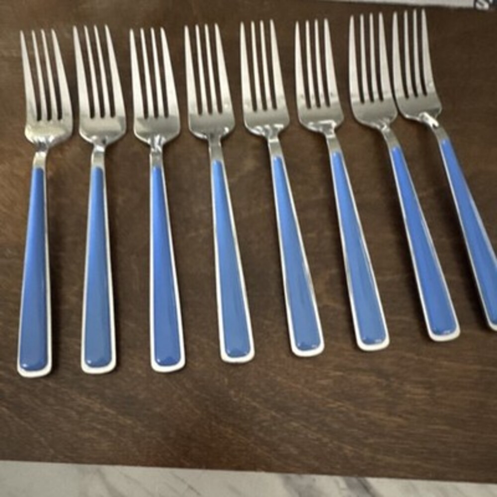 Fiesta Stainless Steel Fork Set Blue Silver Plastic Handle Solid 8 pcs